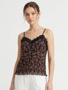 Everleigh Tank Top Black Pink Floral Crinkled Lace Whimsigoth Festival S